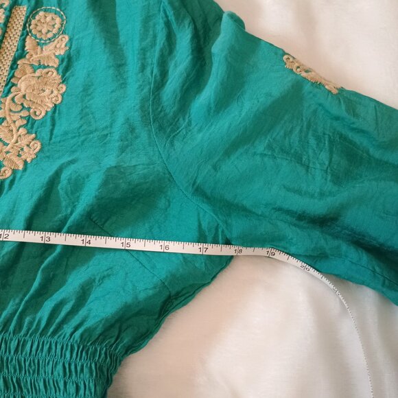 Neslay Paris Teal Green Embroidered Boho Mini Poof Bubble Dress Large - Picture 10 of 13